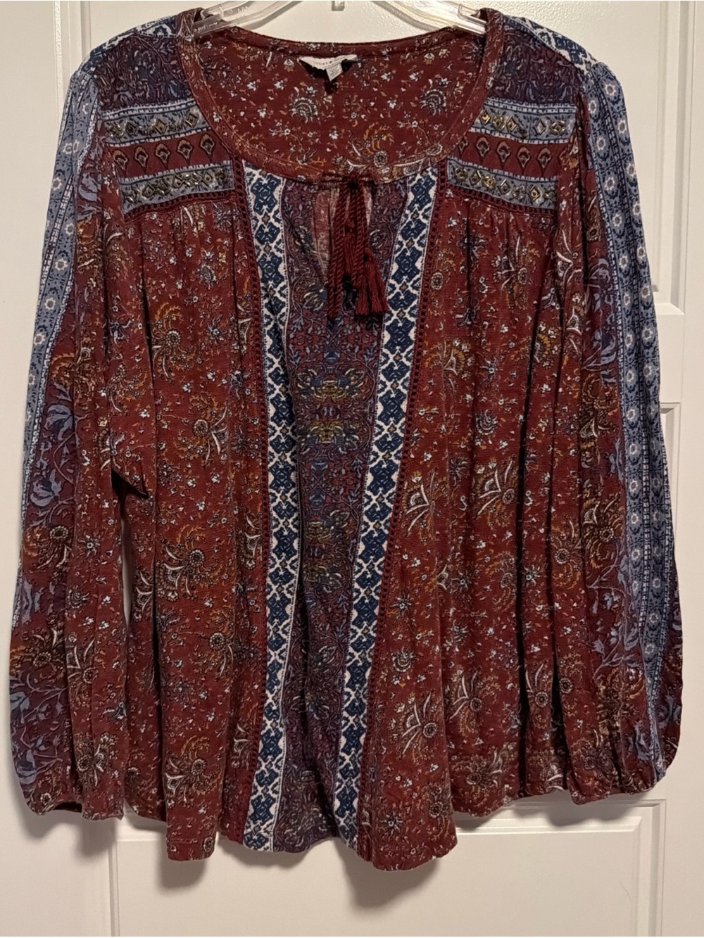 Lucky Brand Rust Floral Paisley Tunic with Blue Trim